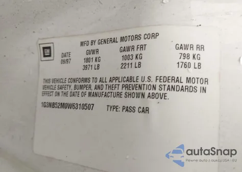 1998 Oldsmobile Cutlass Gl из США, поврежденный, VIN 1G3NB52M0W6310507